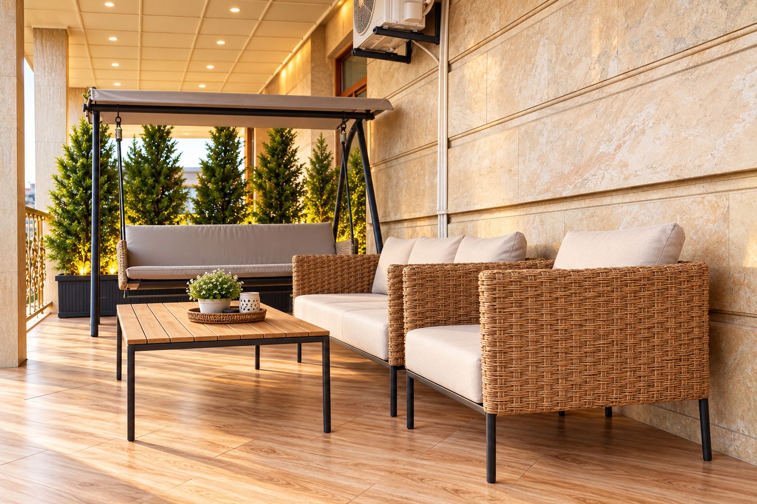 Un espace extérieur moderne aménagé avec des sièges, une balançoire, des meubles en osier et une table en bois.