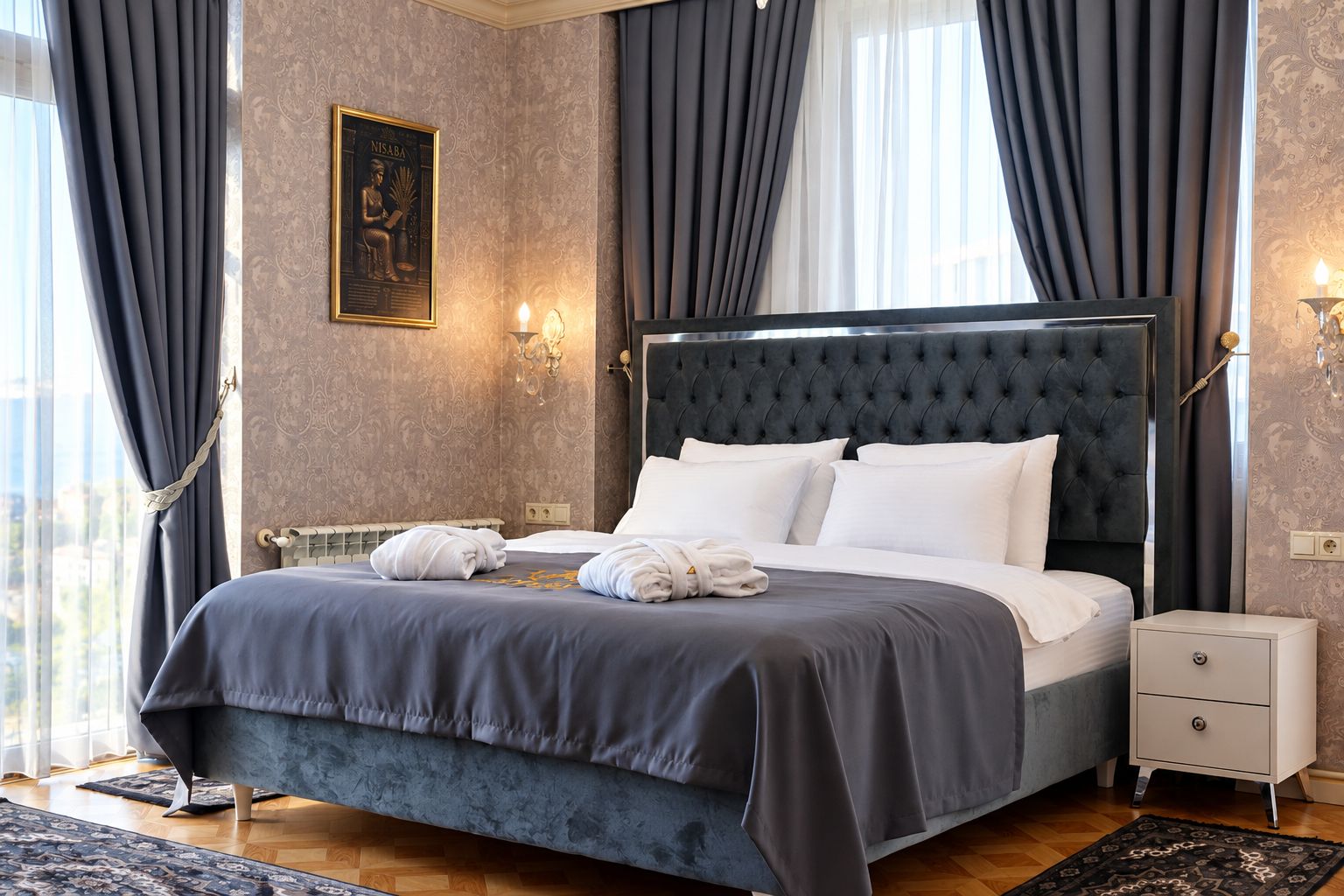 A hotel room with a large bed, dark curtains, a wall-mounted light fixture, and a bedside table with a lamp.