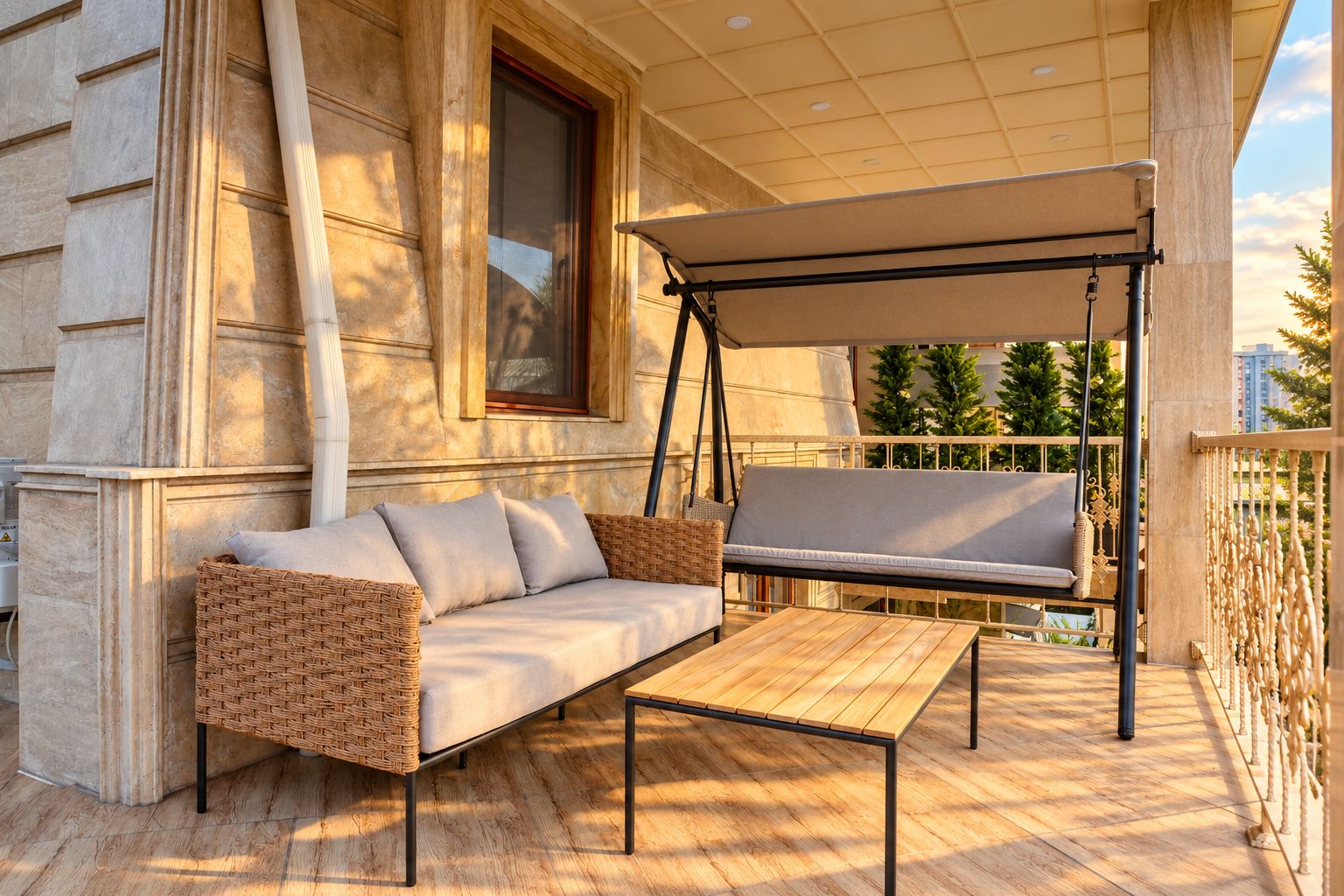 Un espace extérieur aménagé avec des sièges, comprenant une balançoire, un canapé et une table, le tout installé sur une terrasse en bois.