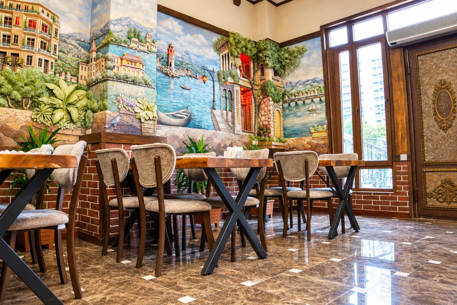 Un restaurante con un mural de una escena costera, paredes de ladrillo y piso de baldosas.