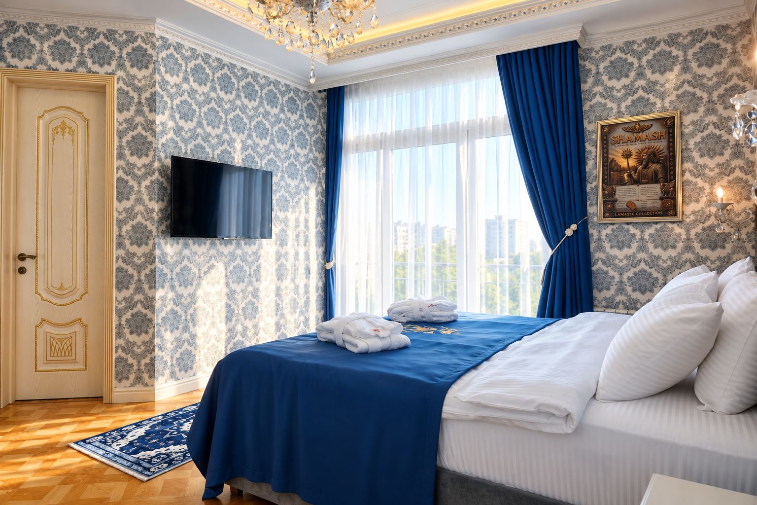 A hotel room with a bed, a flat-screen TV, a large window with blue curtains, a chandelier, and a framed picture on the wall.