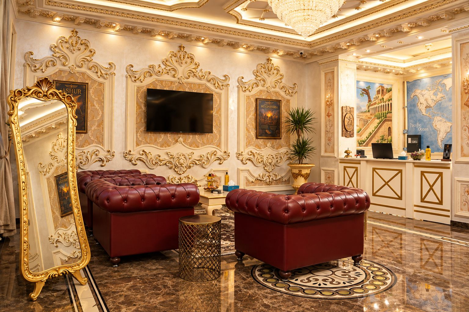 Un lobby lujoso con detalles dorados ornamentales, un espejo grande, dos sofás de cuero rojo, un televisor y una recepción con un mapa del mundo.