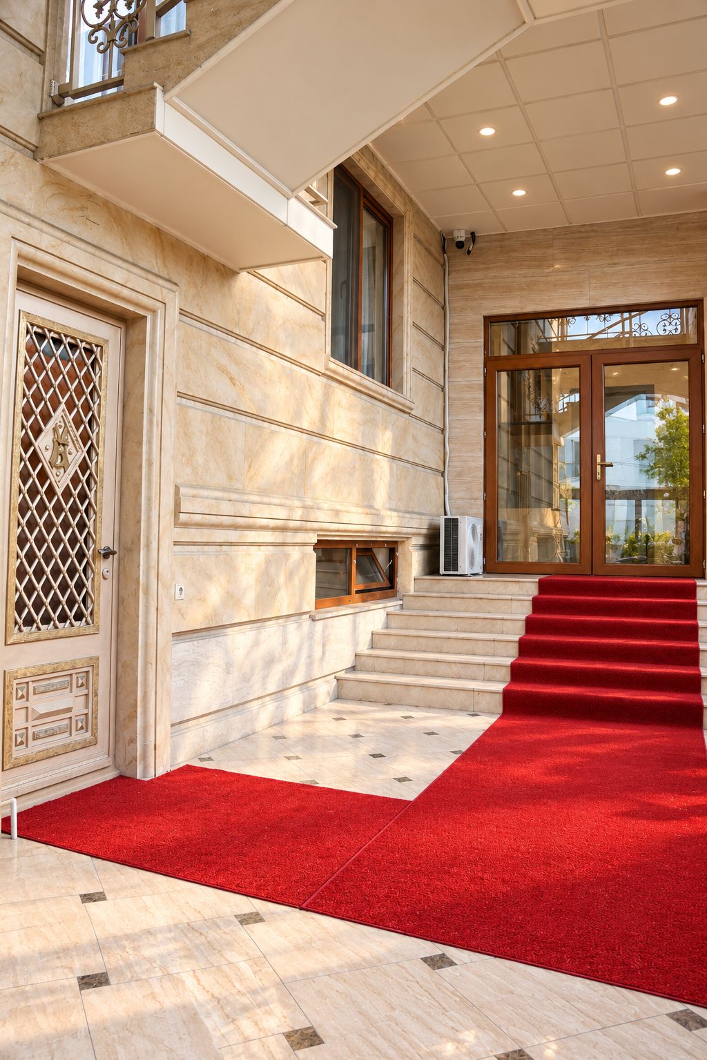 L’entrée d’un hôtel, avec des murs en marbre, un tapis rouge et un escalier menant à une porte en verre.