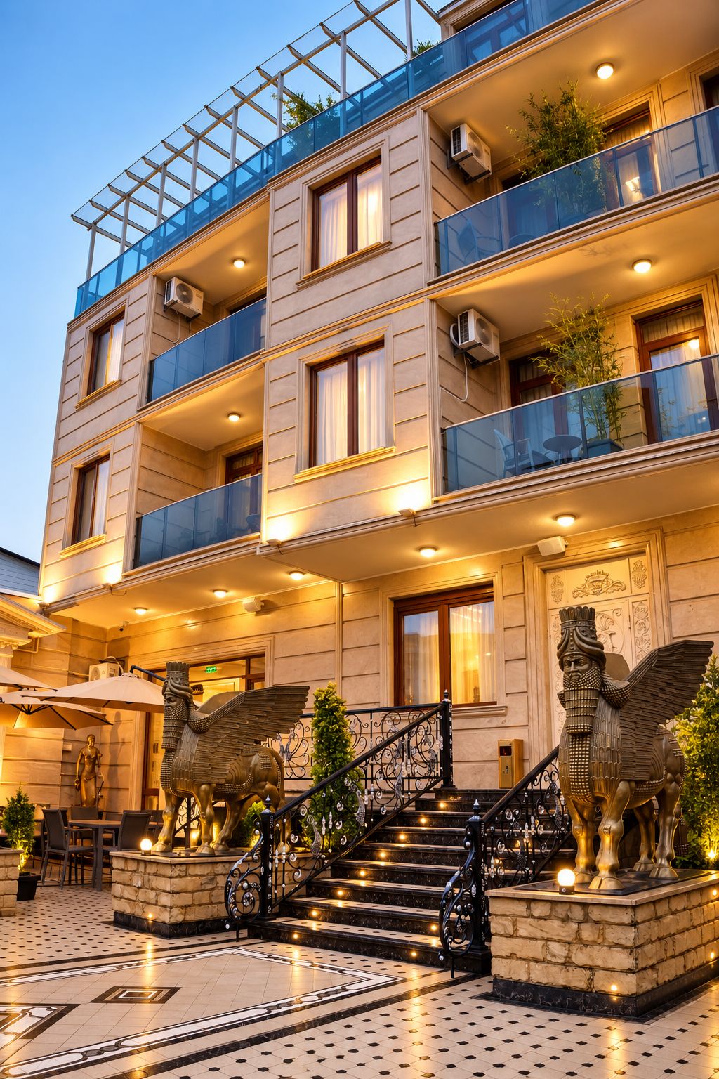 Un hôtel à plusieurs étages doté de balcons, d’un grand escalier et de statues décoratives.