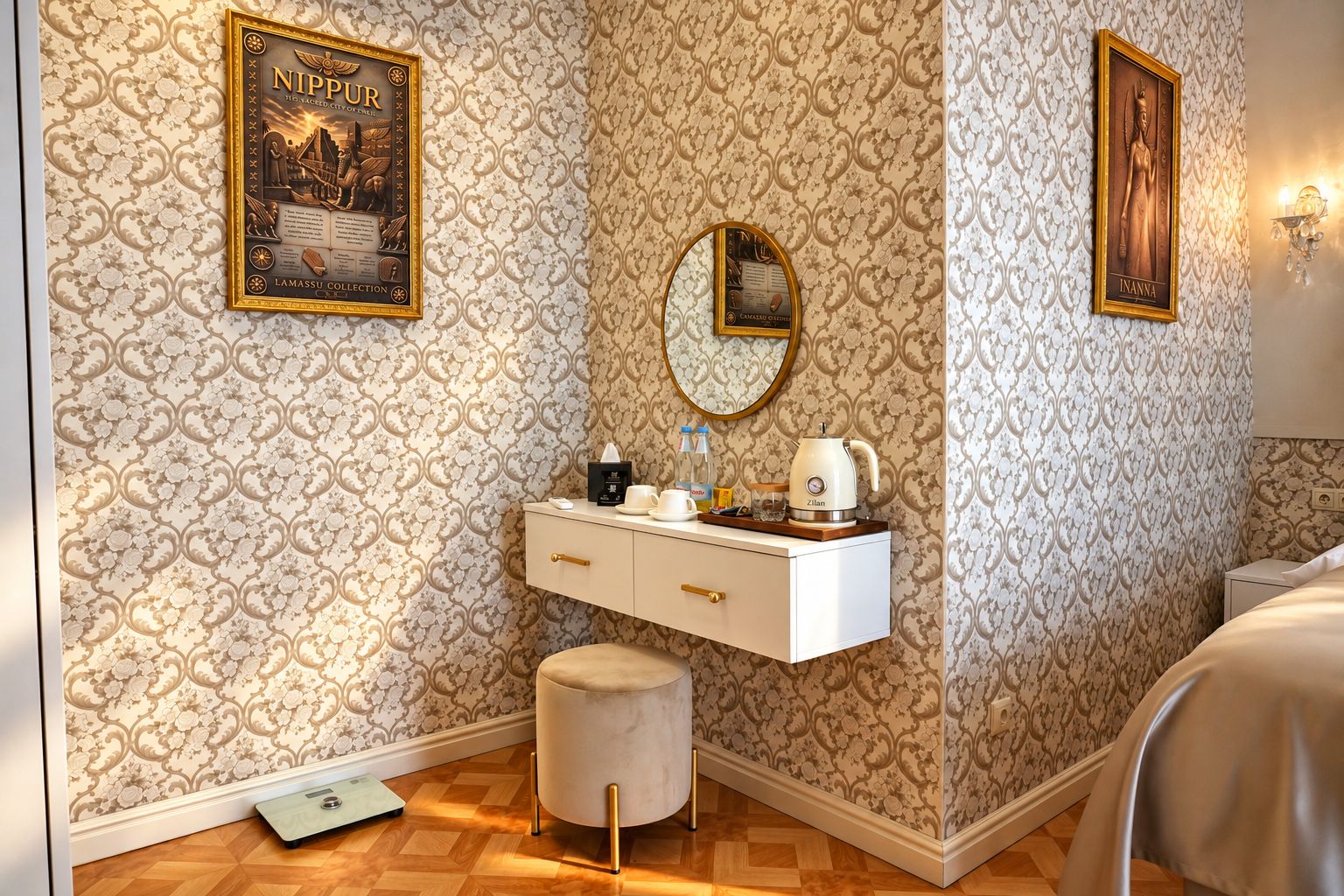 A room with a patterned wallpaper, a white vanity with a mirror, a small stool, and a wall-mounted shelf with a kettle and cups.