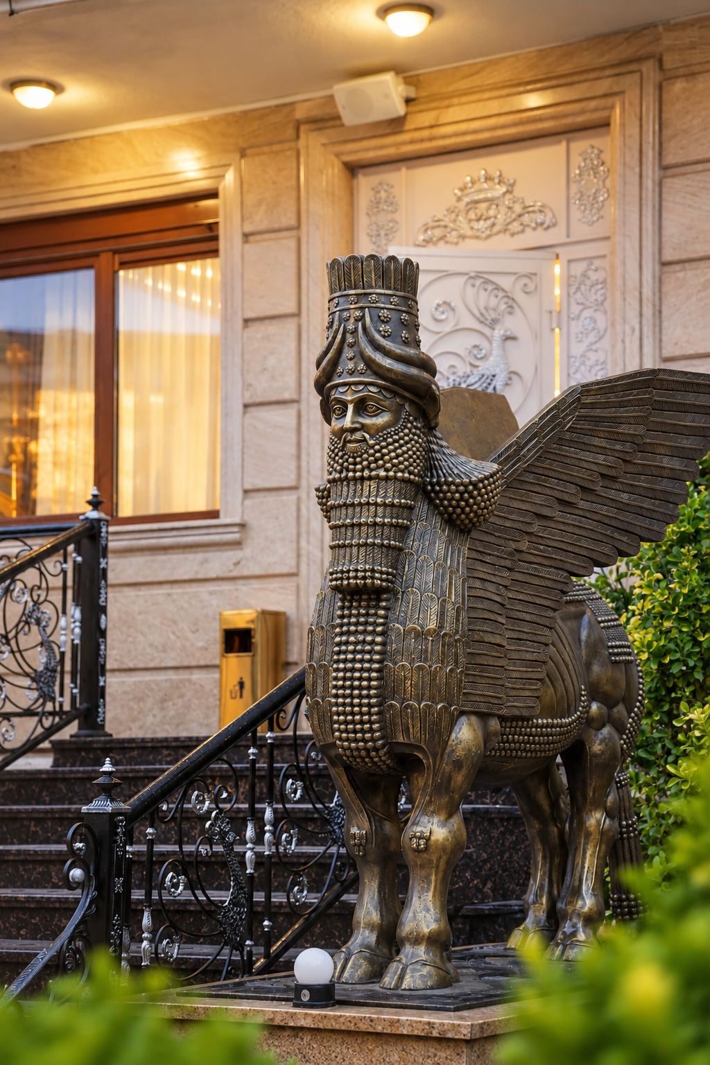 A bronze statue of a winged creature with a detailed headdress, positioned on a pedestal in front of a building with ornate wall decorations and a staircase.