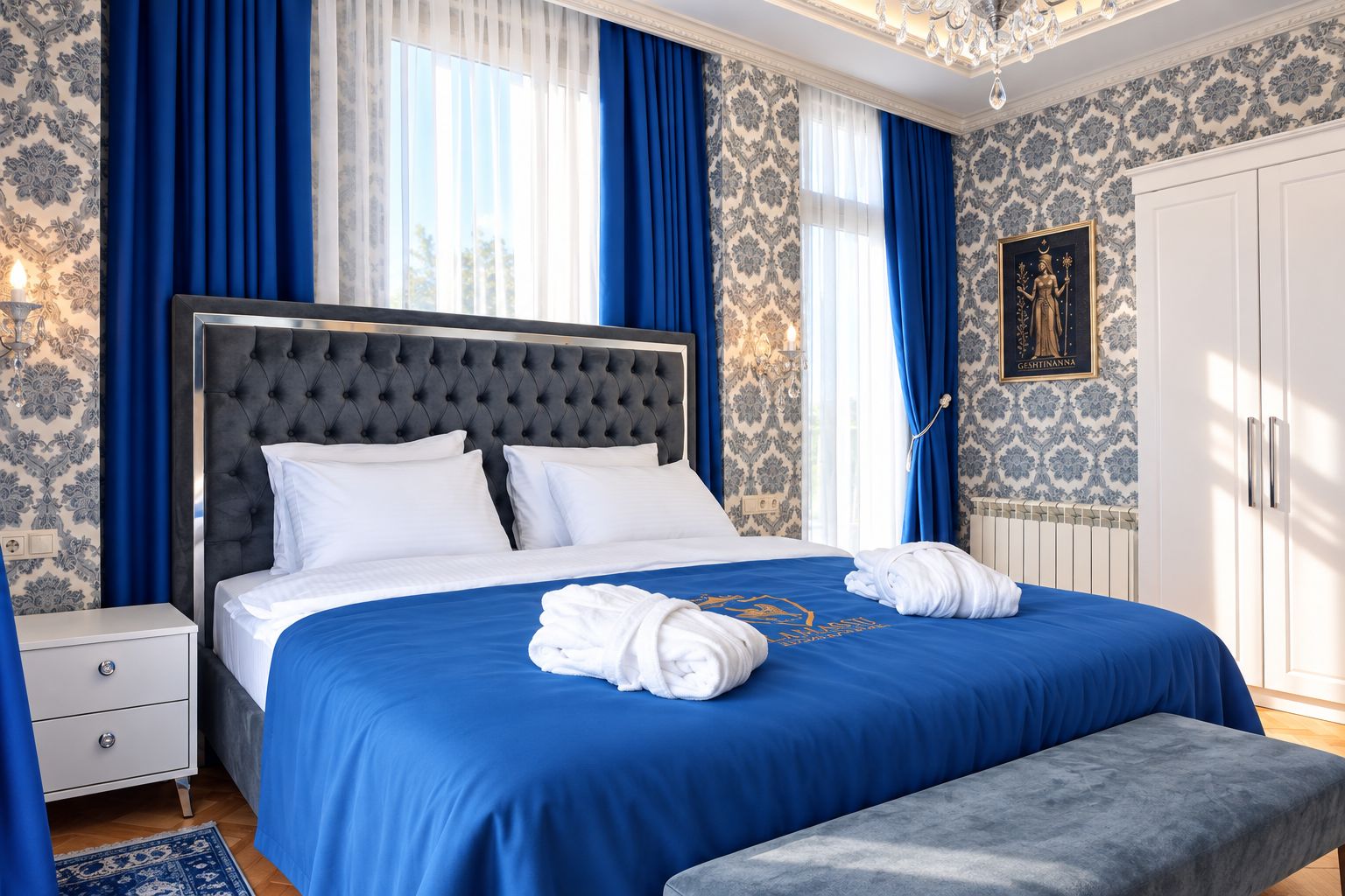 Ett hotellrum med en stor säng, blå gardiner, en vit byrå och en inramad tavla på väggen.
