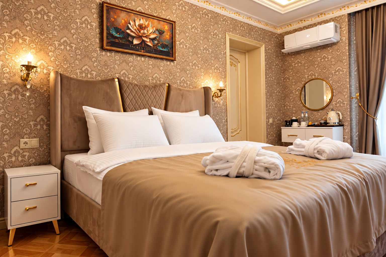 Ein Hotelzimmer mit einem großen Bett, einem Nachttisch, einem Spiegel und einer Wand-Klimaanlage.