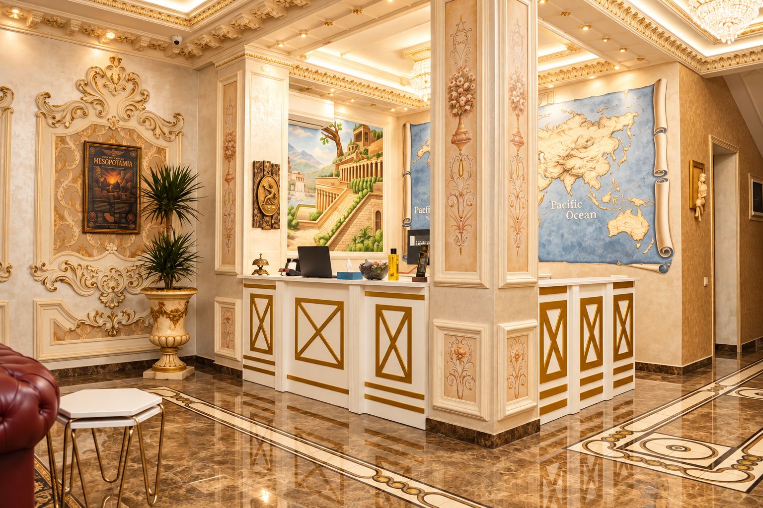 A luxurious lobby with ornate gold detailing, a reception desk, a large world map, and a mural of a classical building.