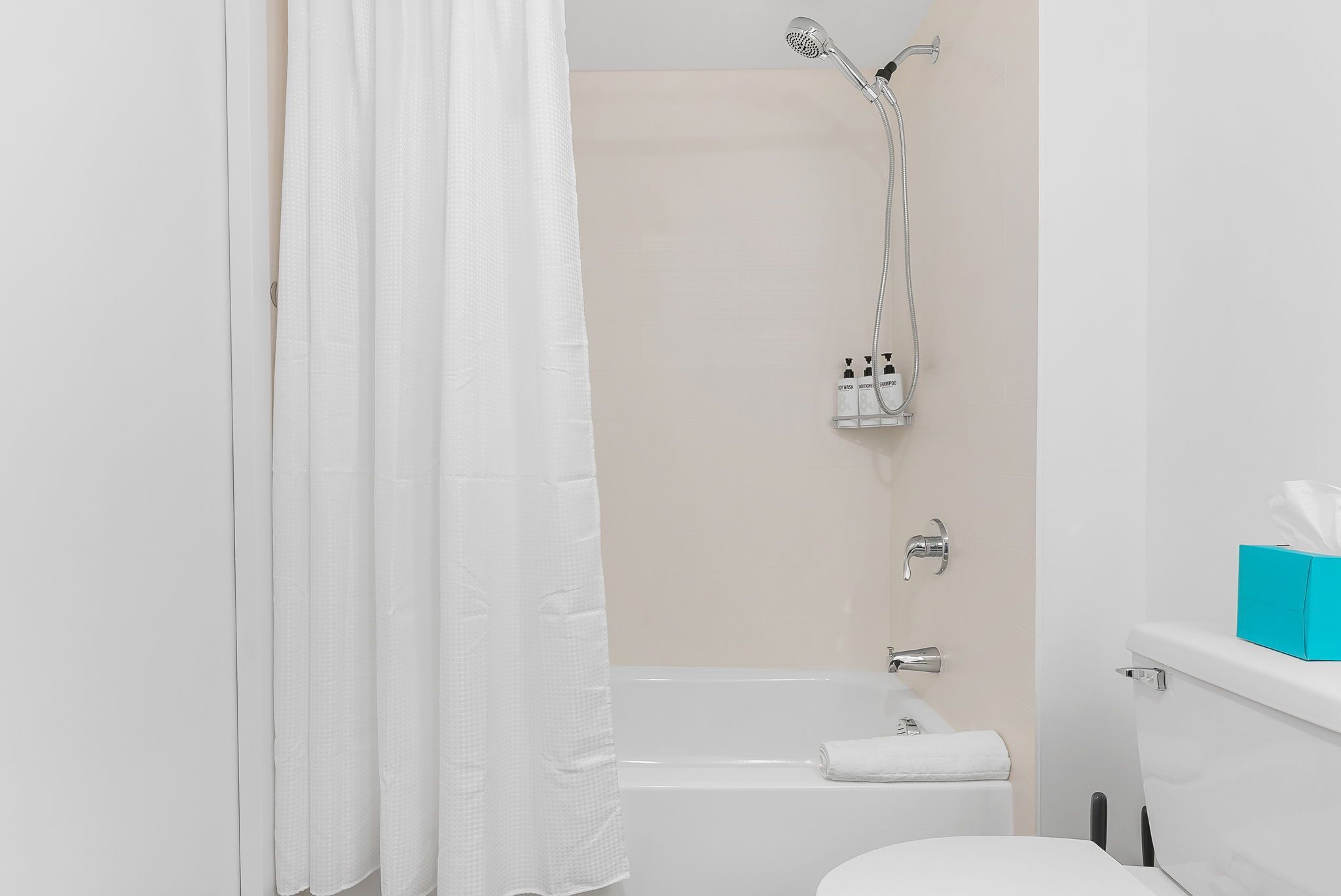 Ein Badezimmer mit Badewanne, Duschkopf und Toilette.