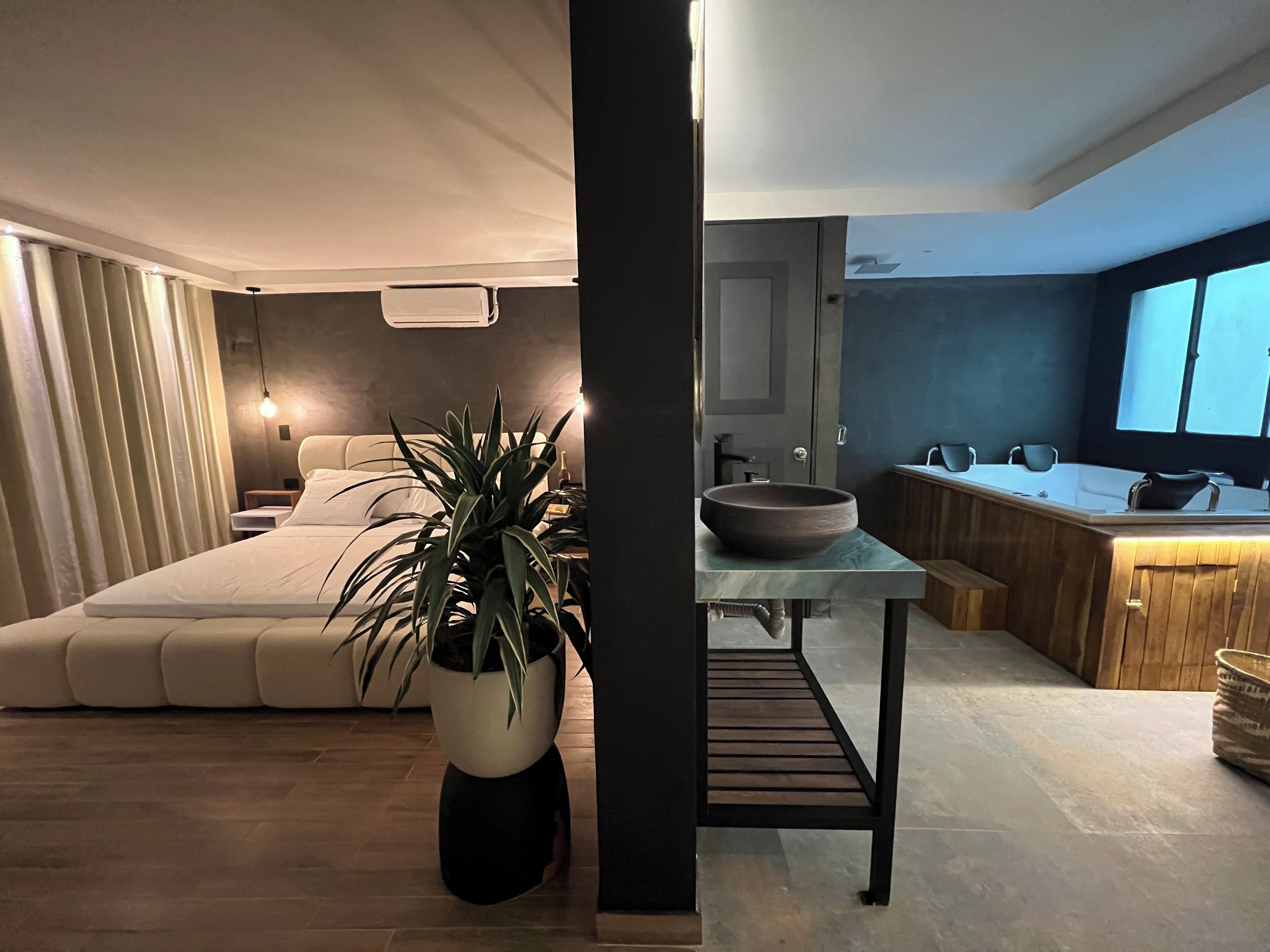 A modern bedroom with a large bed, a bedside table, and a potted plant.