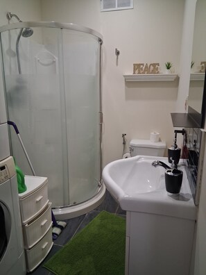 Ein Badezimmer mit einer Duschkabine, einem weißen Waschbecken, einer Toilette und einem grünen Teppich.