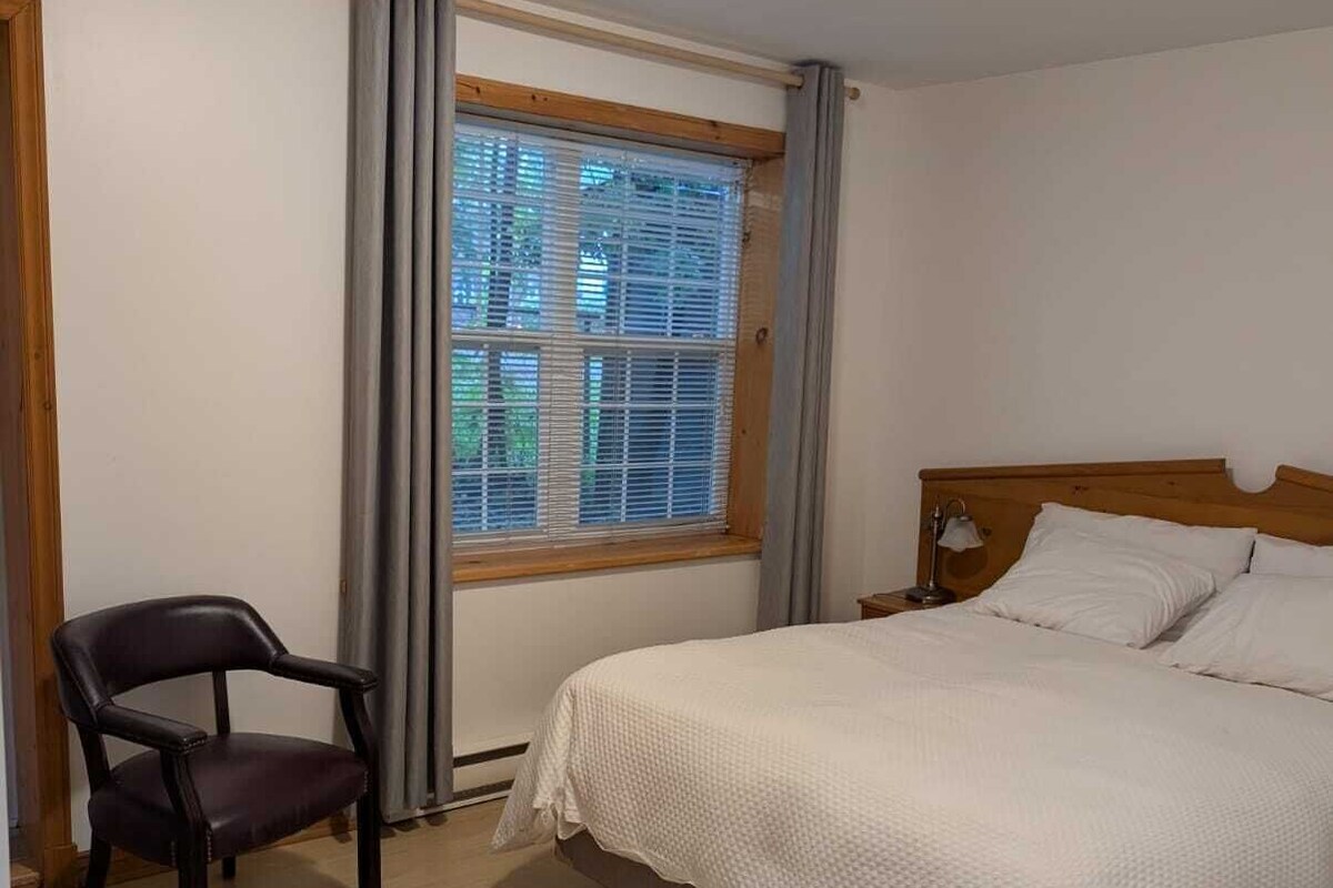 A bedroom with a bed, a chair, a window with blinds, and a ceiling light.