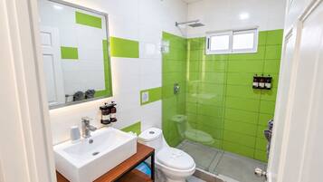 A bathroom with a white sink, a toilet, and a shower area.
