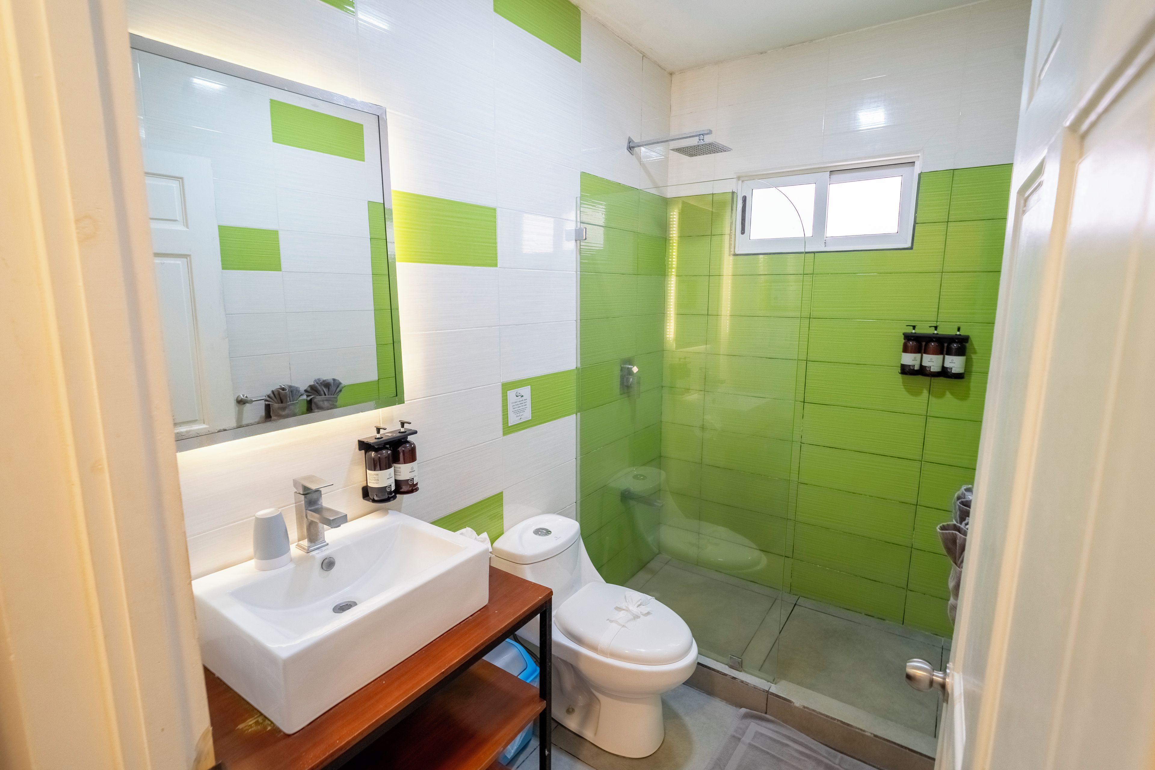 Un baño con lavamanos blanco, espejo e inodoro. Cuenta con una zona de ducha con puerta de cristal y pared con azulejos verdes.