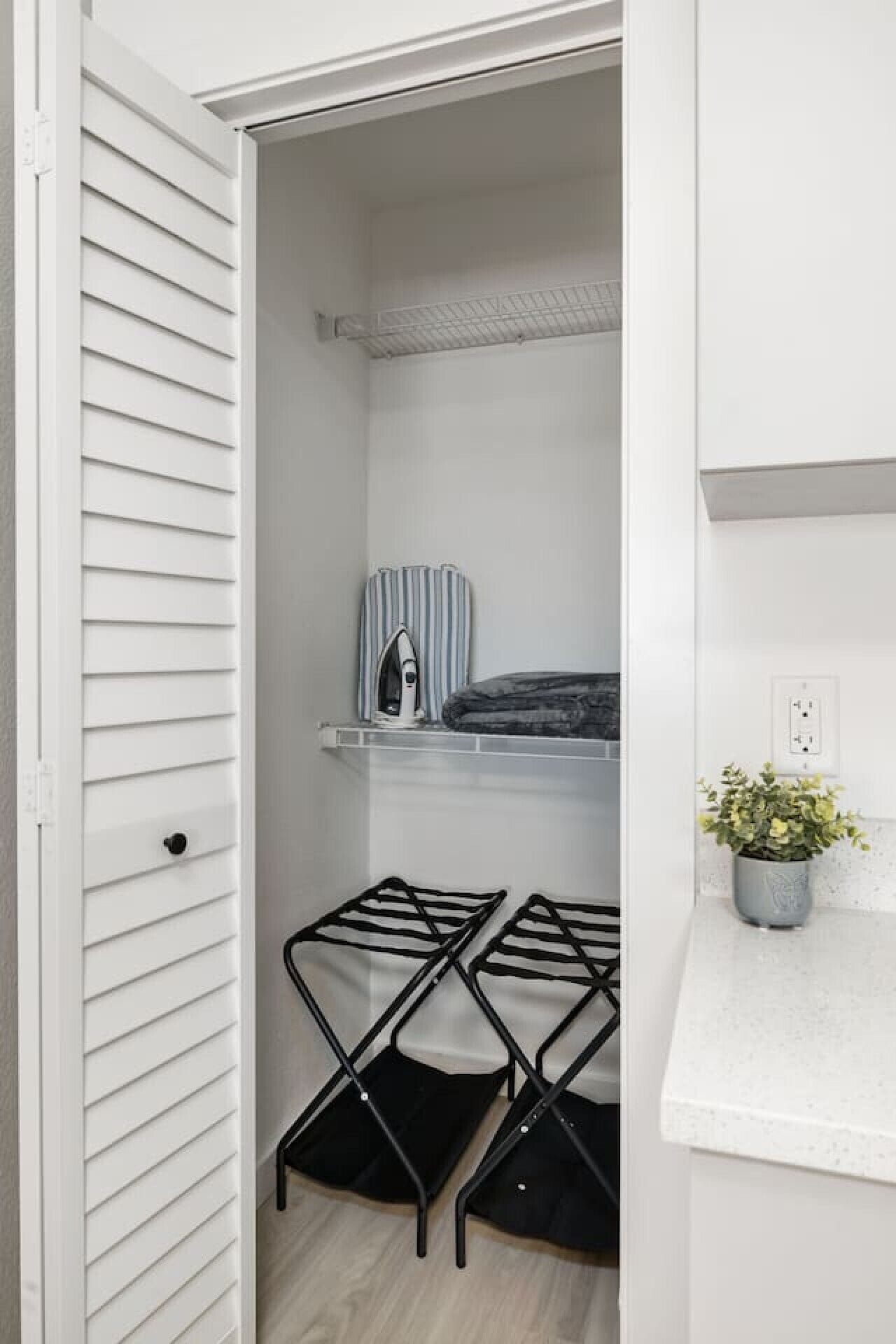 A closet with a hanging rack, a shelf with a striped item, and a potted plant on a countertop.