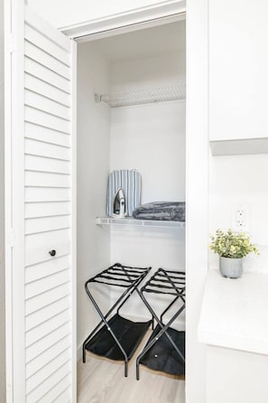 A walk-in closet with a hanging rack, a shelf with a striped curtain, and a potted plant on the countertop. - Modern Style Studio Apartment By Tampa (Tampa)