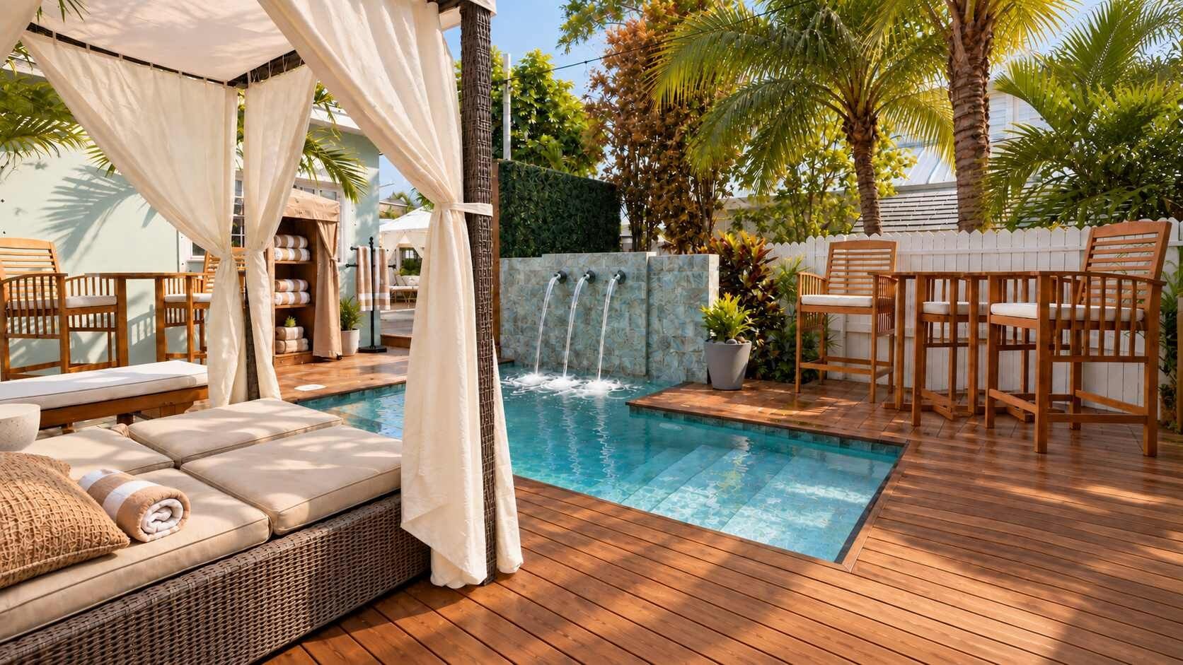 Un espace piscine doté d’une terrasse en bois, de chaises longues et d’une cascade décorative.