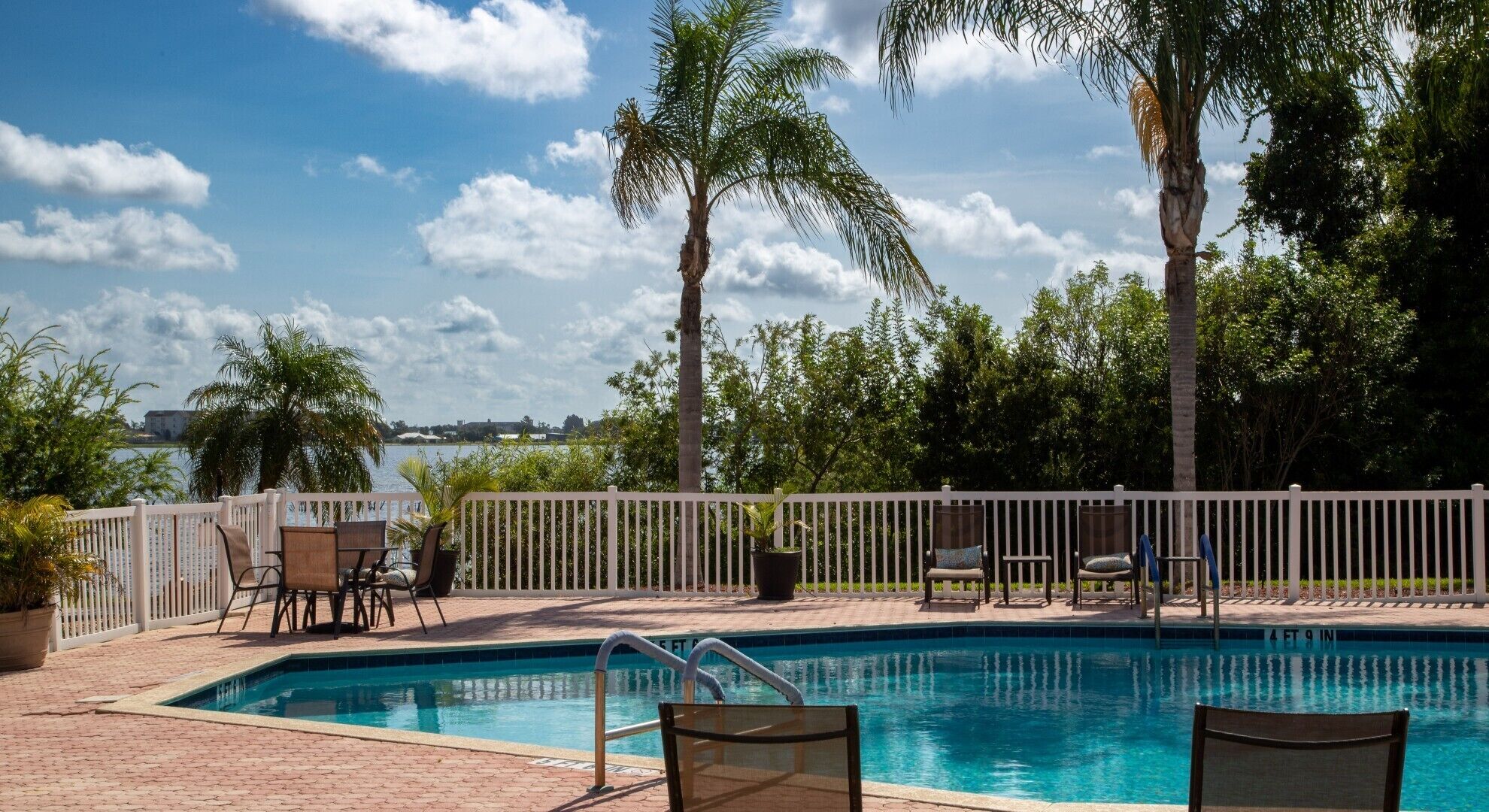 A swimming pool with a view of the water, surrounded by palm trees and a white fence.