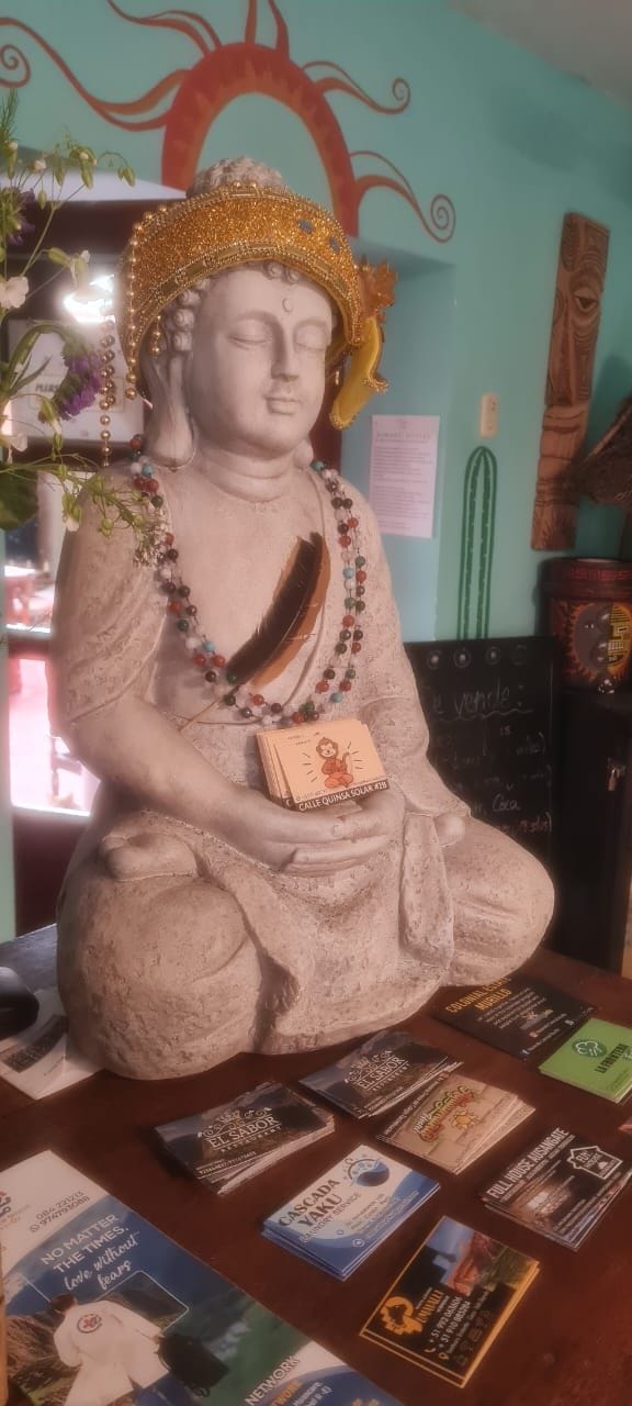Una estatua de una figura sentada con una corona, rodeada de varios folletos y una gran roca.