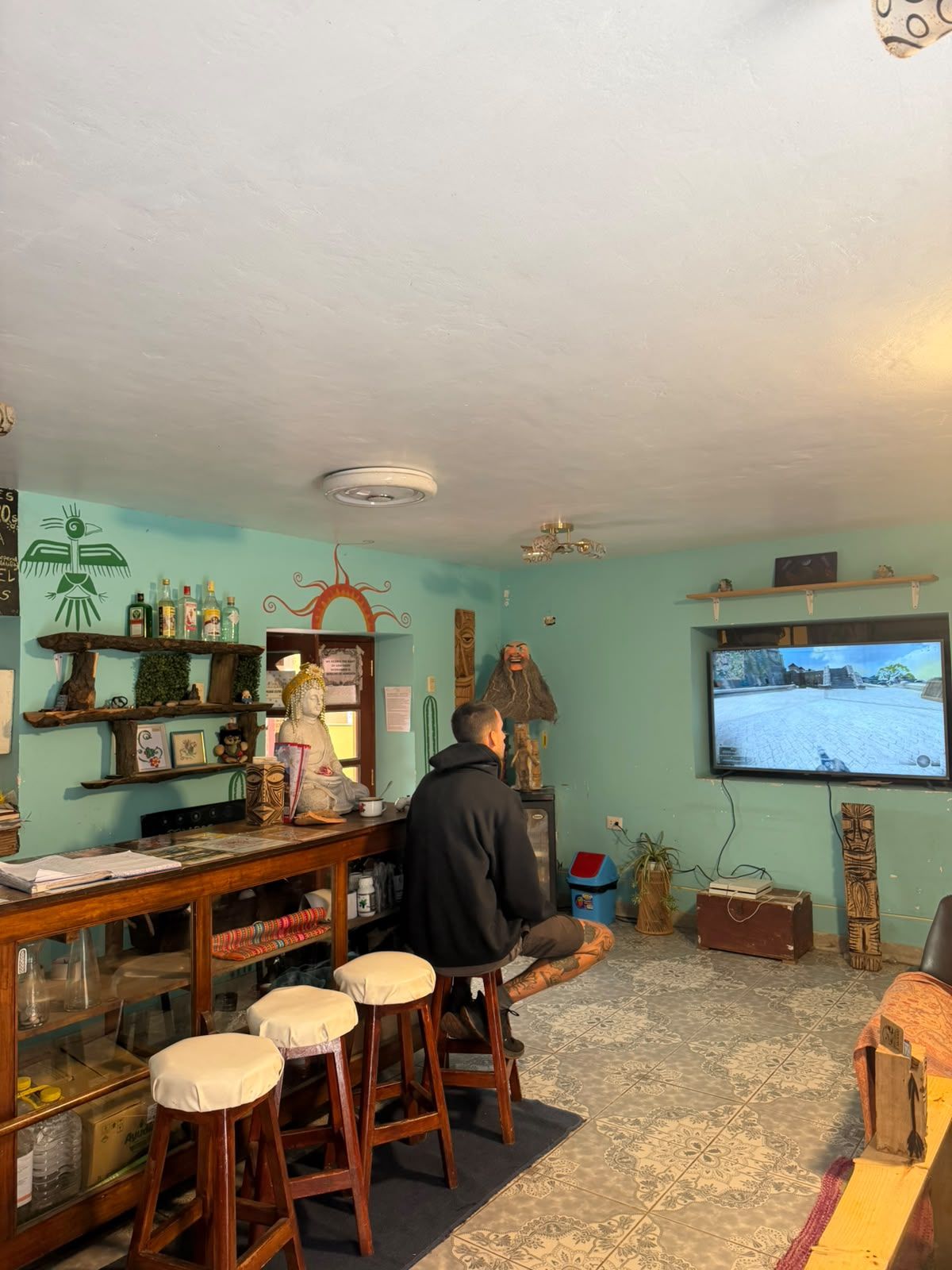 Una habitación con una zona de bar, un televisor en la pared y una persona sentada en la barra.