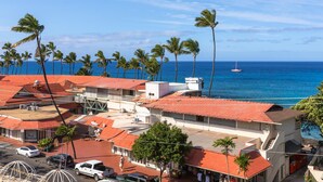Un pueblo costero con edificios, palmeras y vista al océano.