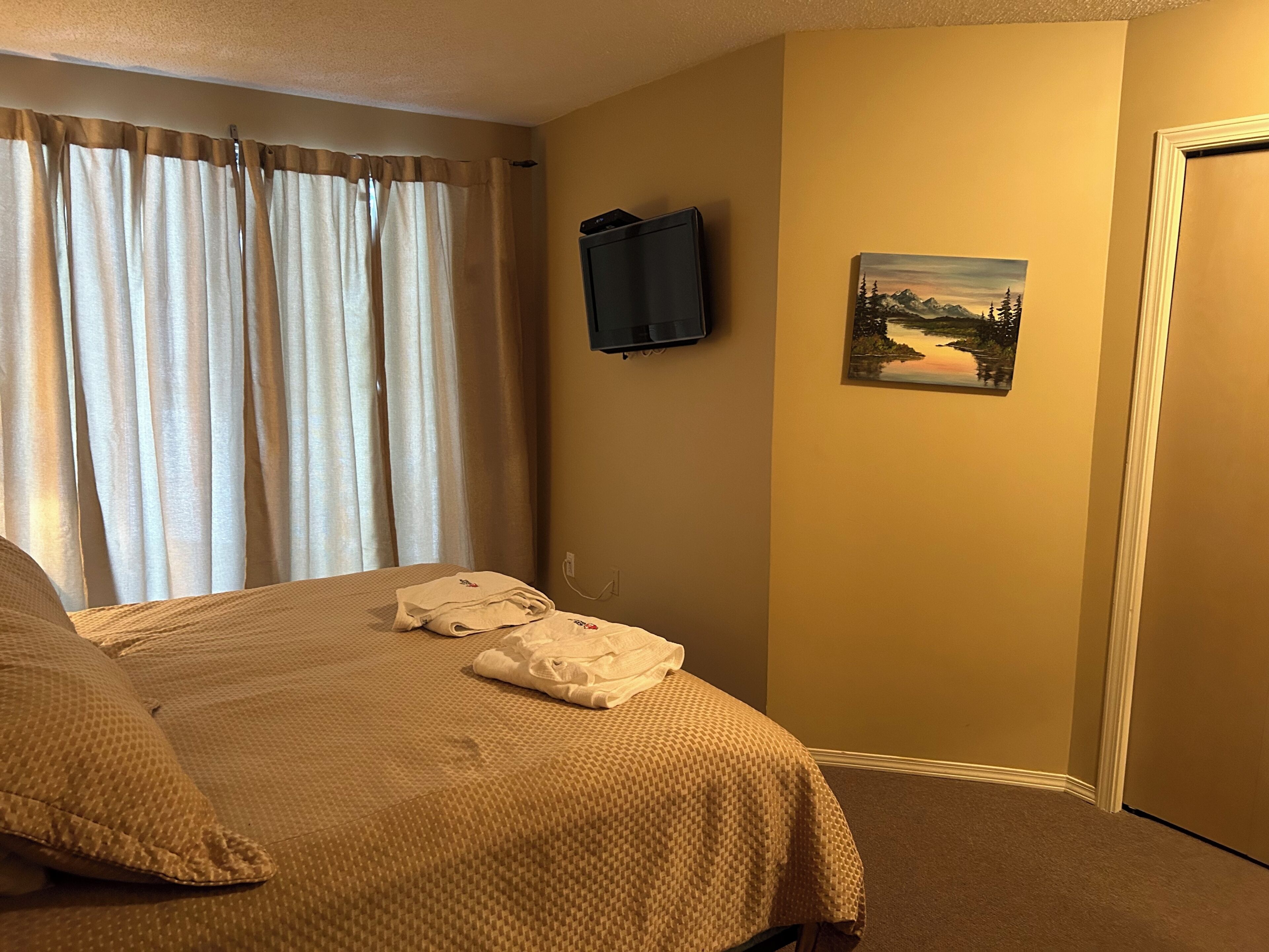Quarto de hotel com cama, um quadro e televisão na parede.