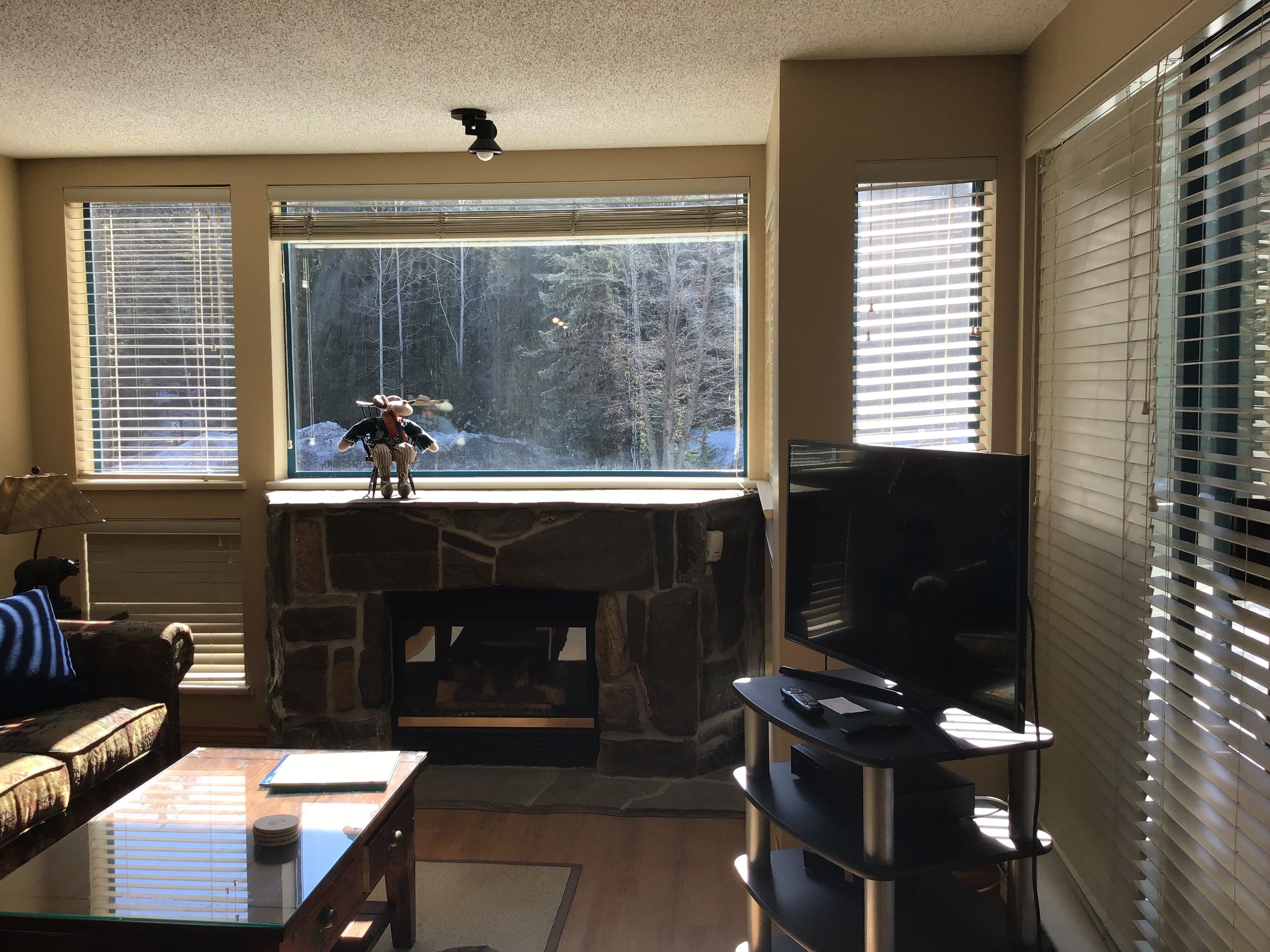 A living room with a stone fireplace, a television on a stand, and a view of a snowy forest through large windows.
