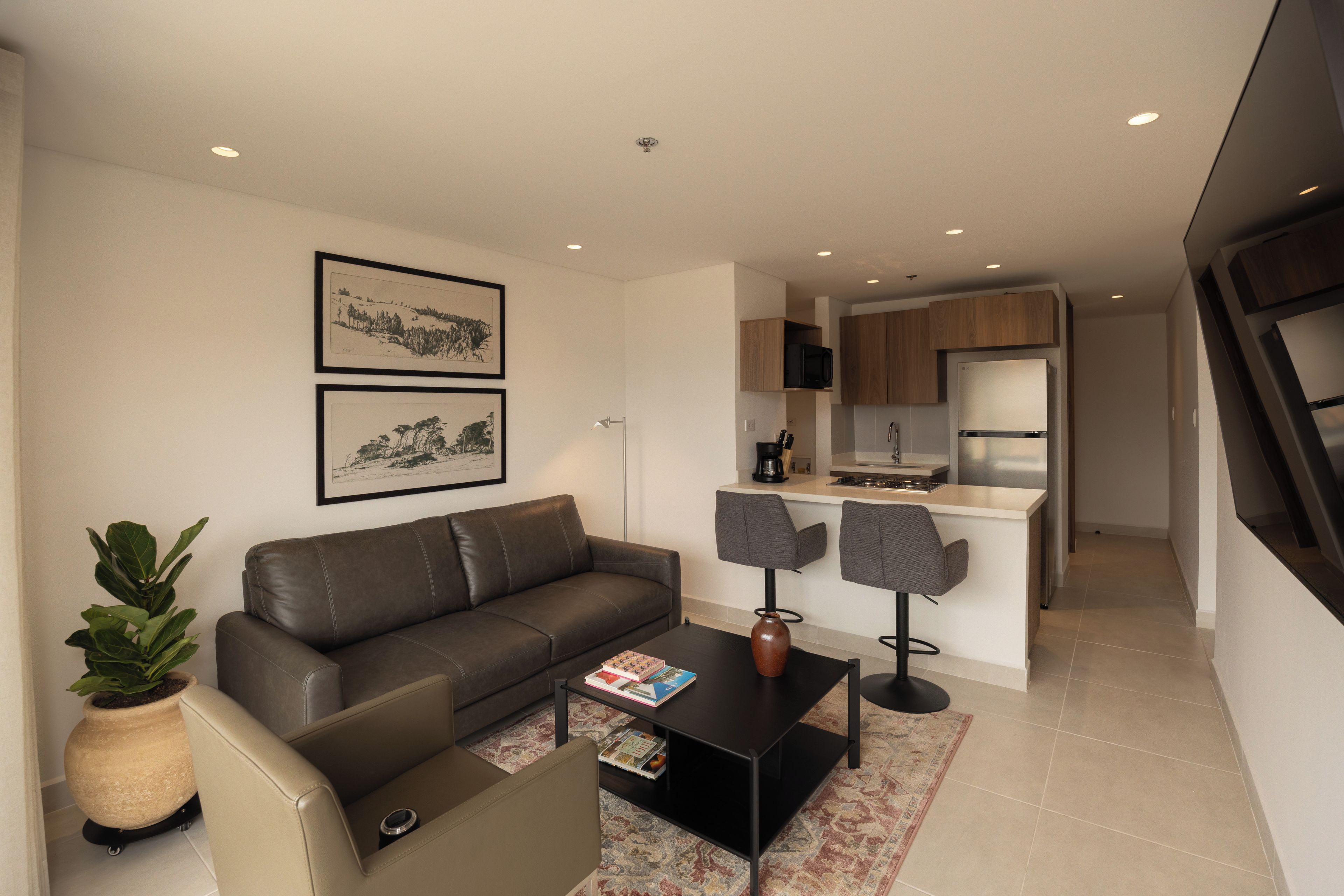 A modern living room with a sofa, coffee table, and a small plant. There is a kitchen area with a microwave and a refrigerator.