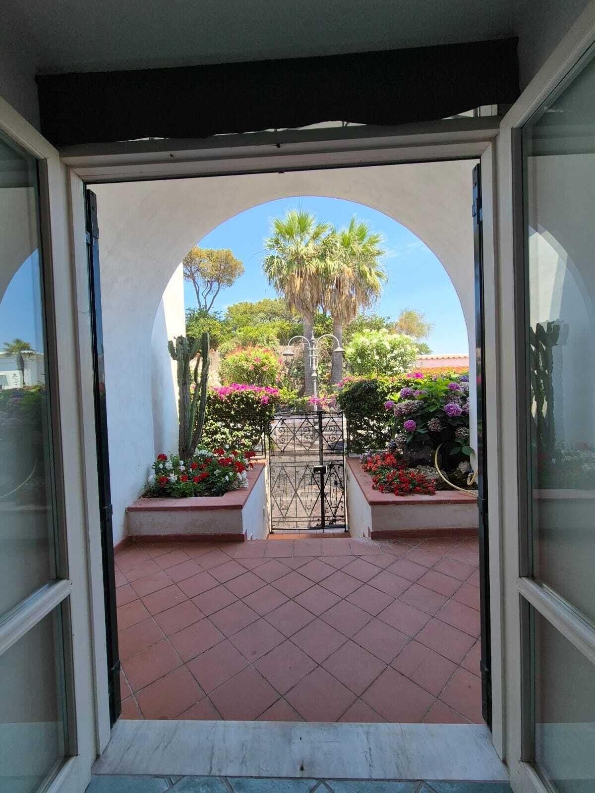 An arched doorway leading to a garden with a metal gate, surrounded by various plants and flowers.