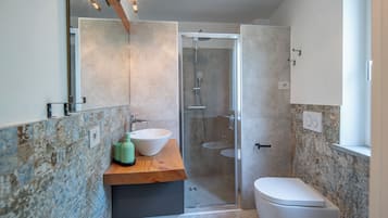 Shower, hair dryer, bidet, towels