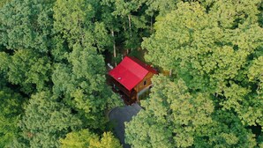 A wooden cabin with a red roof surrounded by dense green forest. - Scarlet Fox | Hocking Hills, Hot Tub, Firepit (Logan)