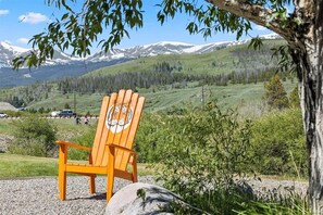 A wooden chair with a tiger design in a natural setting with mountains in the background.