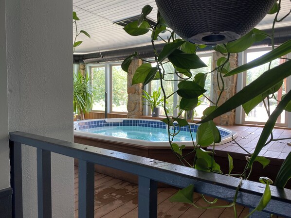 A view of a swimming pool with a stone wall and potted plants in the background.