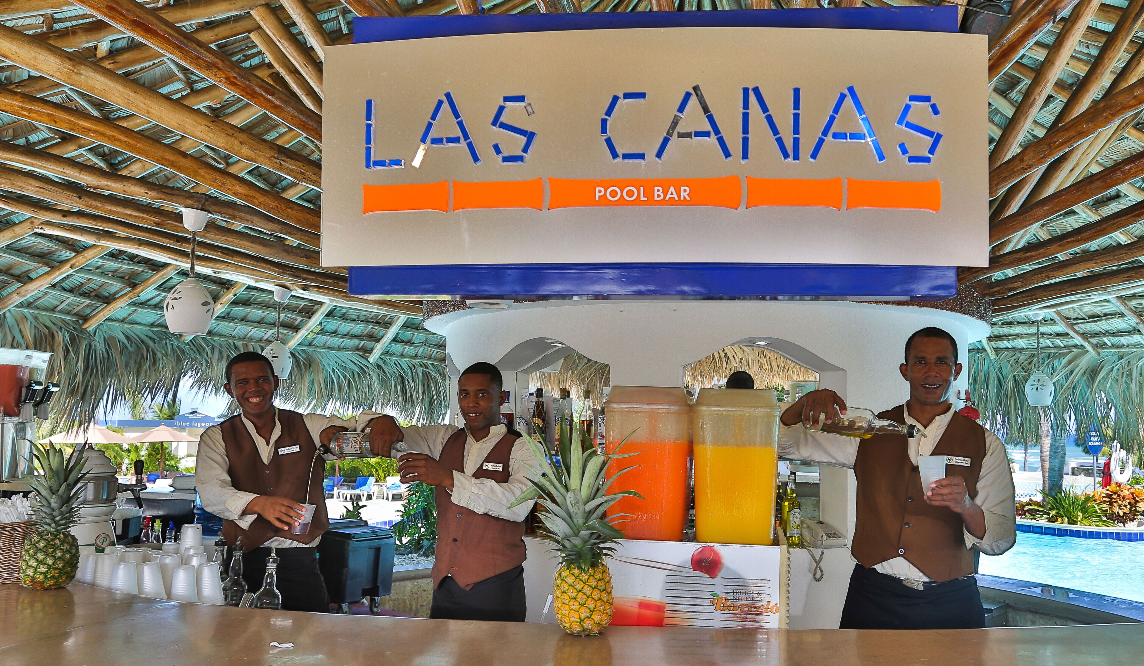 A pool bar named 'Las Canas' with a tropical roof, bar counters, and a pineapple decoration.