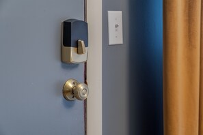 A door with a key lock and a keyhole.