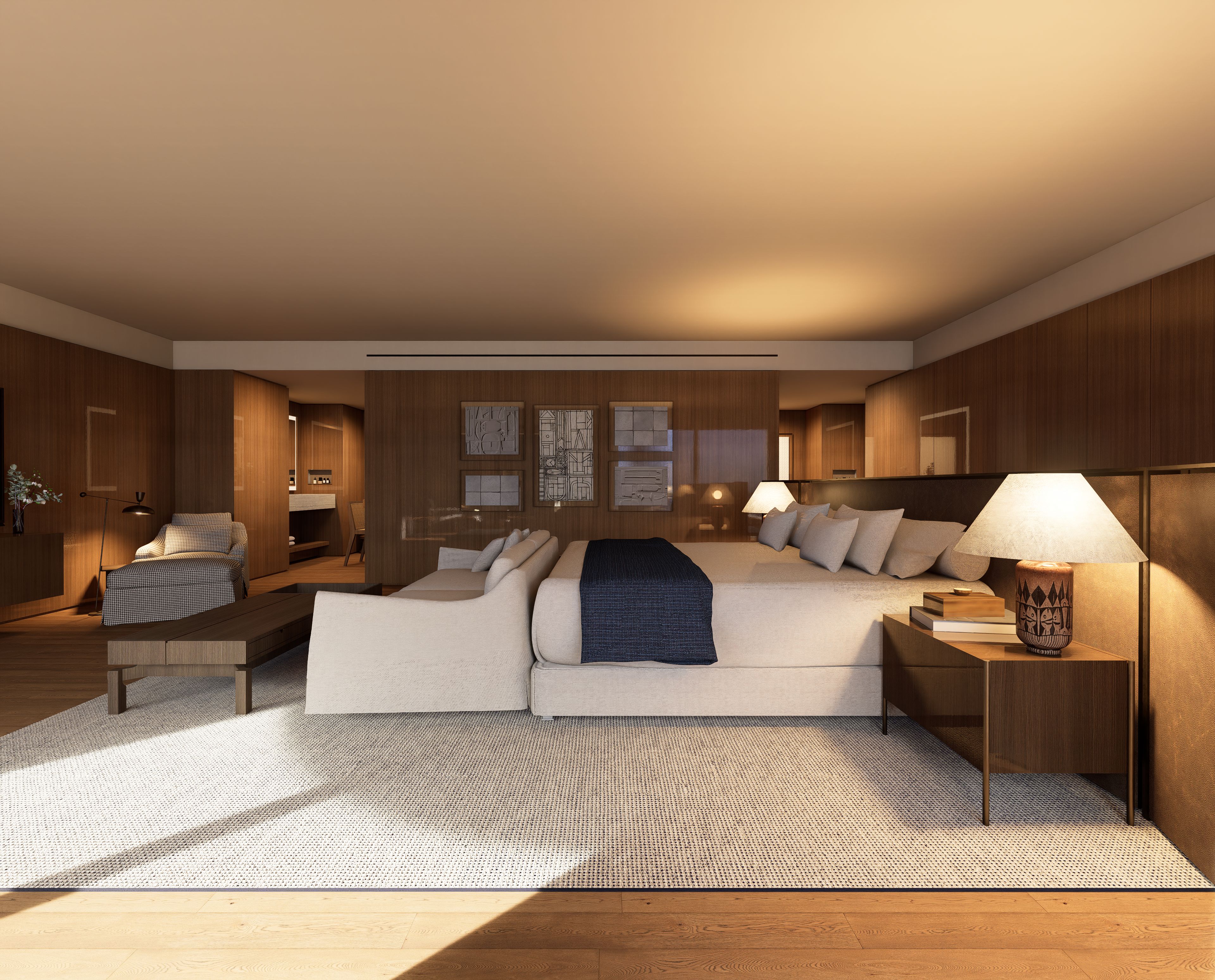 Un dormitorio moderno con una cama grande, mesitas de noche, un escritorio y una silla.