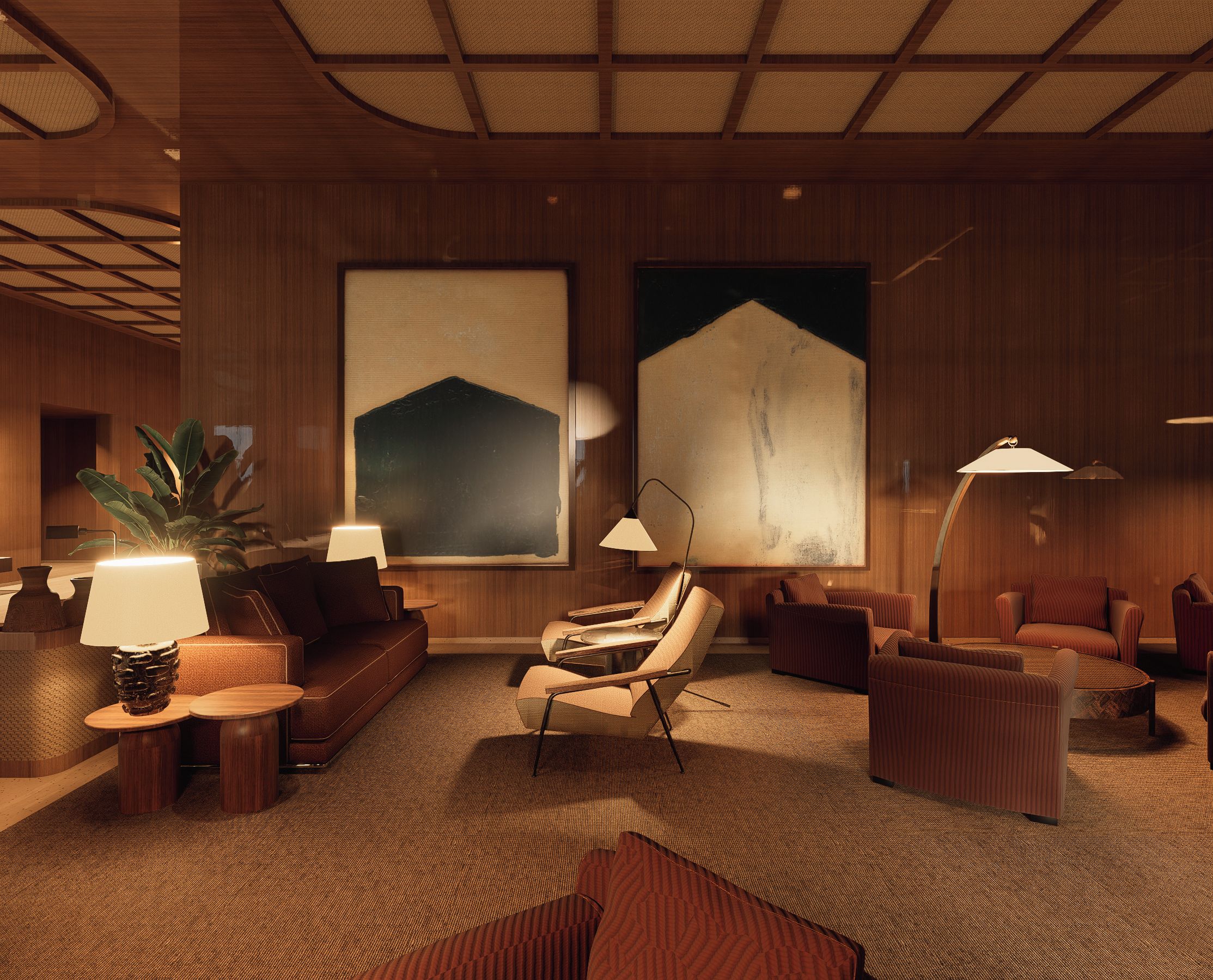 Un salon moderne avec un canapé, des fauteuils, une table basse et un grand tableau abstrait accroché au mur.