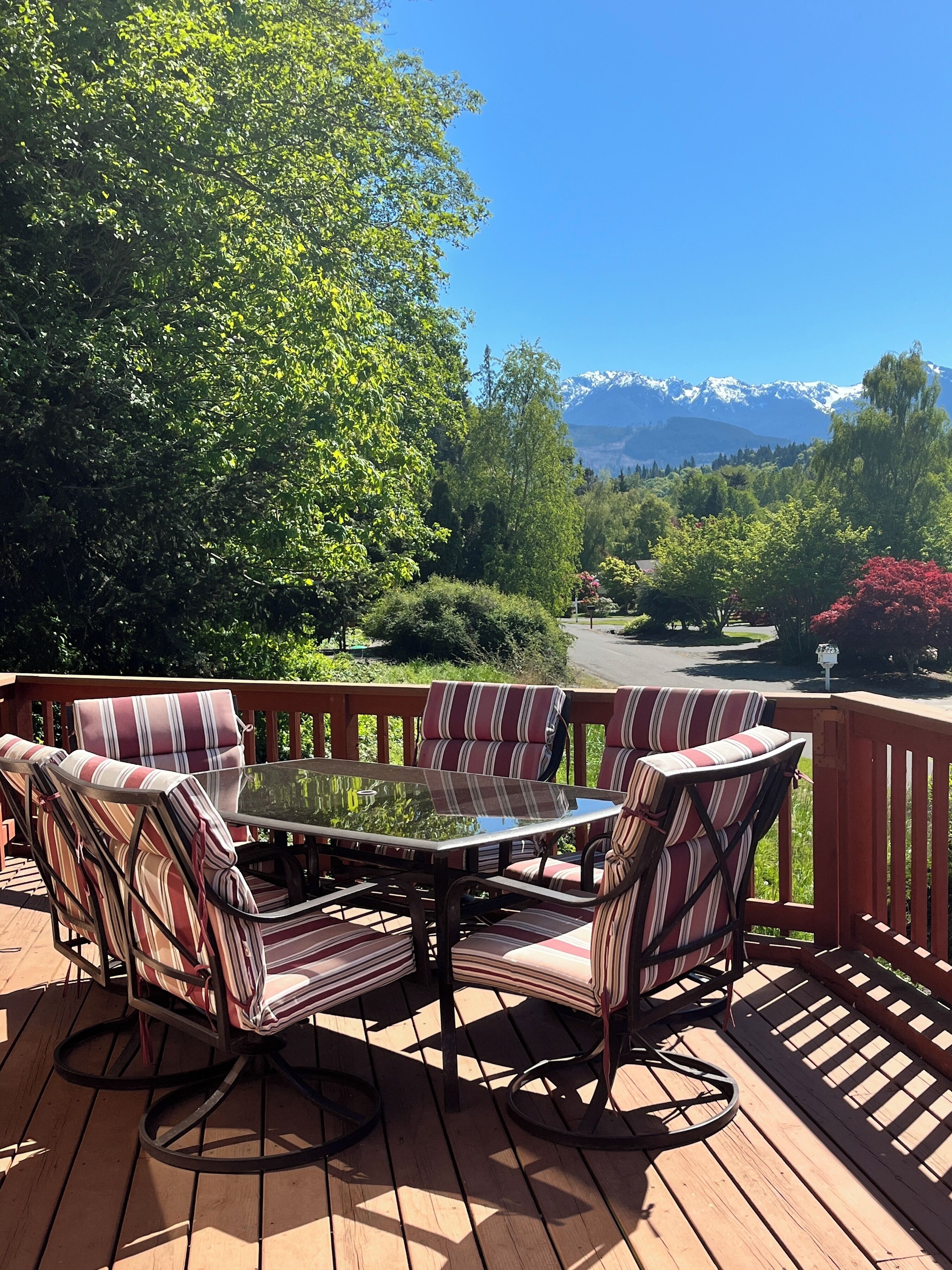 A deck with a glass-top table and striped chairs, surrounded by lush greenery and a mountain view.