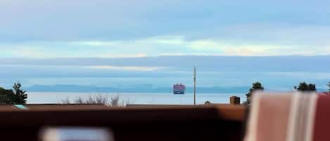A table with a glass of wine, overlooking a body of water with a ship in the distance.