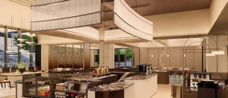 Un hall d’hôtel moderne doté d’un bar central, de différents espaces aménagés pour s’asseoir et d’un plafond haut avec un design architectural unique.