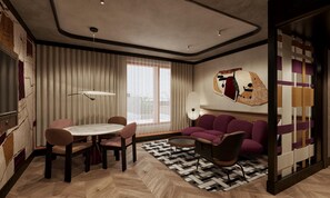 A modern living room with a dining area, large windows, and a unique wall art piece. - Canopy By Hilton Warsaw (Warsaw)