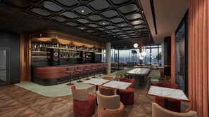 Un área de bar moderna con barra, asientos y vistas de la ciudad.