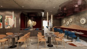 A modern restaurant with a central bar area, multiple seating options including round tables and booths, and a distinctive ceiling design. - Canopy By Hilton Warsaw (Warsaw)