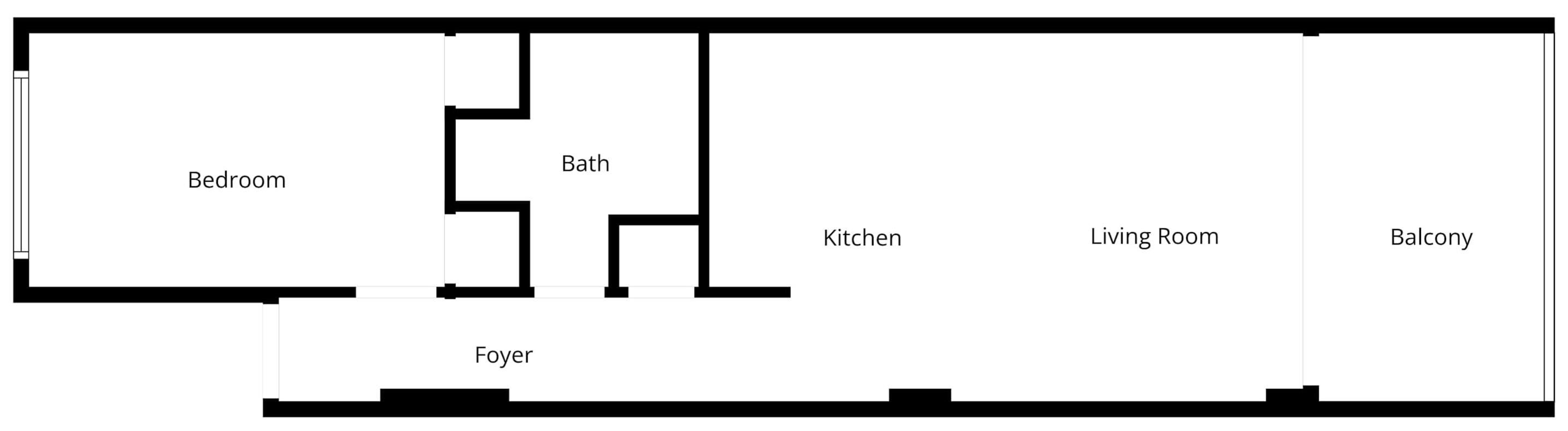 Pianta degli ambienti che mostra una camera da letto, un bagno, una cucina, un soggiorno, un balcone e un ingresso.