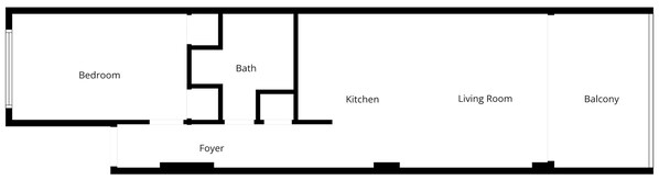 Een plattegrond met een slaapkamer, badkamer, keuken, woonkamer, balkon en een hal.