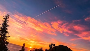 A sunset with a clear sky, a visible contrail, and silhouettes of trees and a mountain.