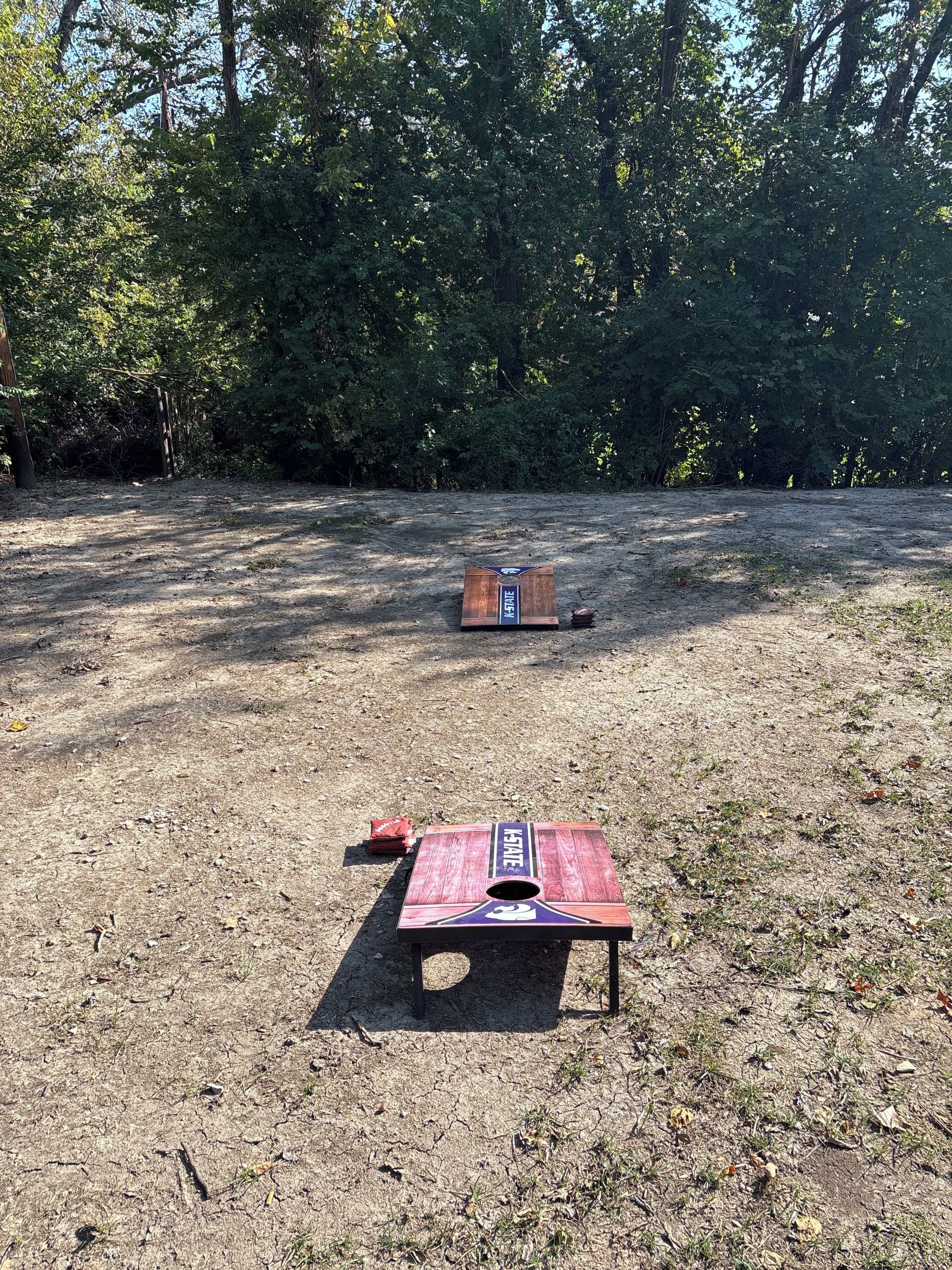 Two wooden bean bags in a dry, grassy field with trees in the background.