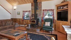 En hyggelig stue med pejs, trævægge, en grøn lænestol, en sofa og et fjernsyn.