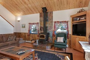 Ein gemütliches Wohnzimmer mit Kamin, Holzwänden, einem grünen Sessel, einer Couch und einem Fernseher.